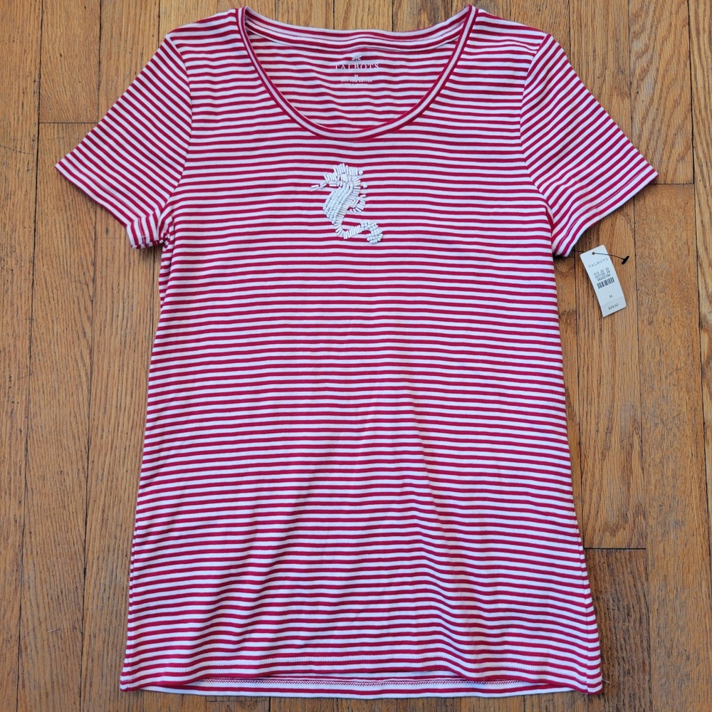 Talbots M Tee Red‎ White Stripe Beaded Seahorse Cotton Coastal Preppy Nautical